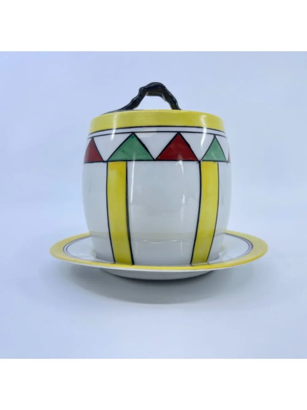 vintage ceramic condiment jar with lid & saucer hand-painted geometric pattern